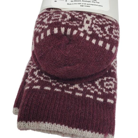 Garnet Hill Fair Isle Socks 9-11 Warm Wool Cashmere Blend Soft Crew Maroon Cream - Picture 4 of 6